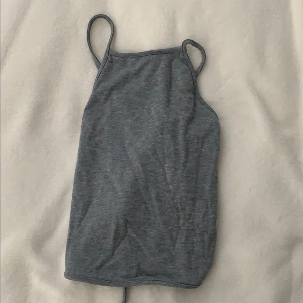 Gray high neck top top with criss cross in back
